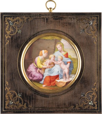 Picture EMAILPLAKETTE MIT HEILIGER FAMILIE MIT JOHANNESKNABEN UND ELISABETH NACH GUILIO ROMANO