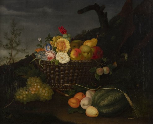 Auktion <br>Stillleben mit Blumen und Früchten in einem Korb, Insekten und Eidechse