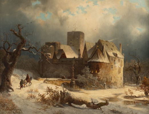 Auktion <br>Winterlandschaft mit Schloss und Reiter (1859)