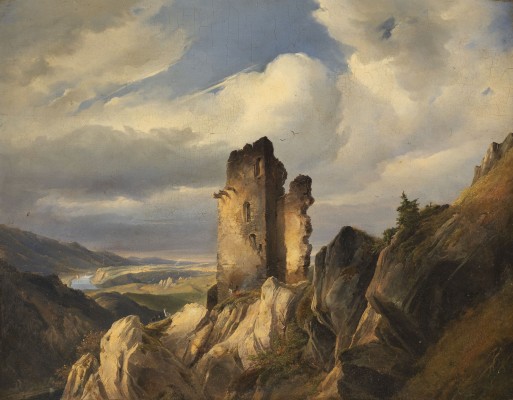 Auktion <br>Blick auf die Burgruine und das Flusstal (wohl Ruine Drachenfels am Rhein)