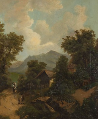 Auktion <br>Gebirgige Landschaft mit Bauerngehöft