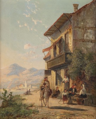 Auktion <br>Eine italienische Küstenlandschaft mit Straßenleben
