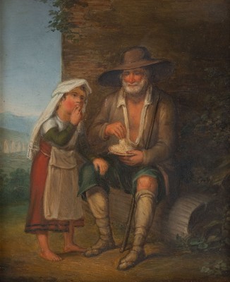 Auktion <br>Genreszene mit Mädchen und Mann beim Nudelessen