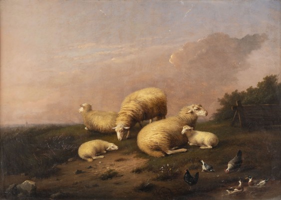 Auction <br>Schafe mit Lämmern am Wasser (1873)