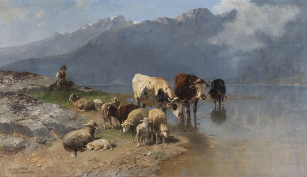 Auktion <br>Hirtenjunge mit Herde am Ufer des Achensee in Tirol (1892)