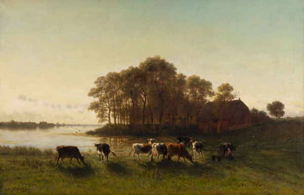 Auction <br>Abendlandschaft mit Viehherde am Wasser und einer Bäuerin, die eine Kuh melkt (1861)