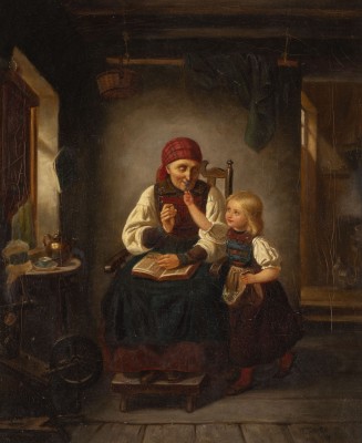 Auction <br>Kleines Mädchen zeigt ihrer Großmutter die Wildblumen (1854)