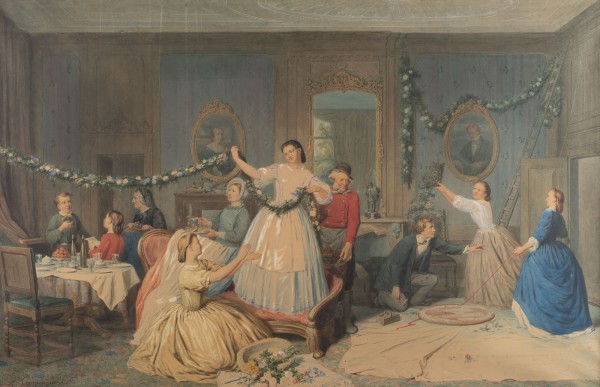 Auction <br>Festtagsvorbereitung. Interieurszene mit den Jugendlichen bei der Dekoration des Salons (1864)