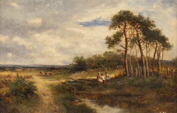Auktion <br>Landschaft mit weidenden Kühen und einer rastenden Bauernfamilie