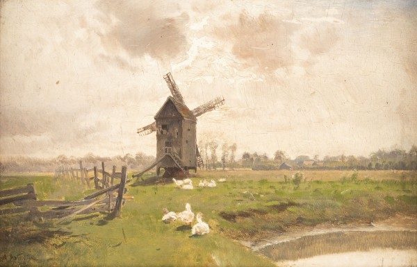 Auktion <br>Landschaft mit Mühle und Gänsen