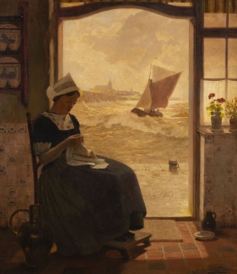 Auktion <br>Holländerin an der Tür vor Meeresstrand