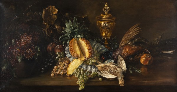 Auktion <br>Großes Stillleben mit Ananas und Wild