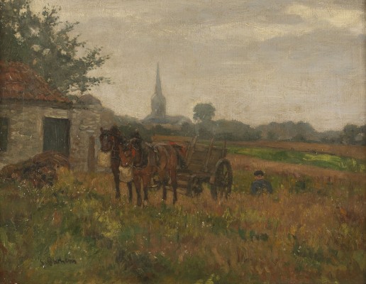 Auction <br>Wiesenlandschaft mit Pferden und Kutsche