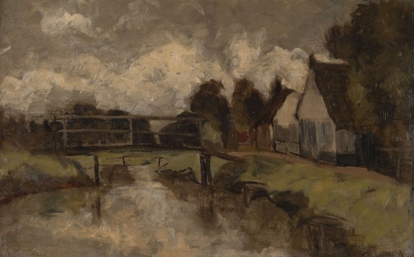 Auction <br>Landschaft mit Häusern und Brücke über einen Teich