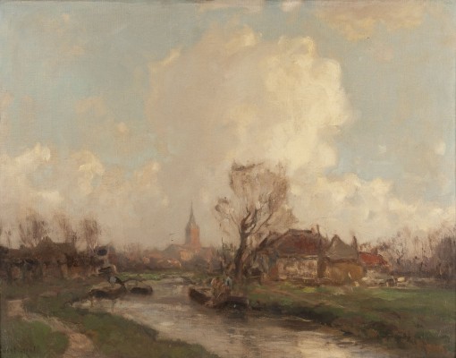 Auktion <br>Sommerlandschaft mit Dorf an Fluss