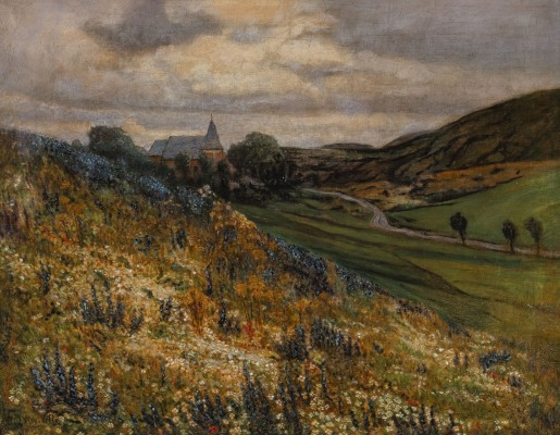 Auktion <br>Eifellandschaft mit blühenden Lupinen