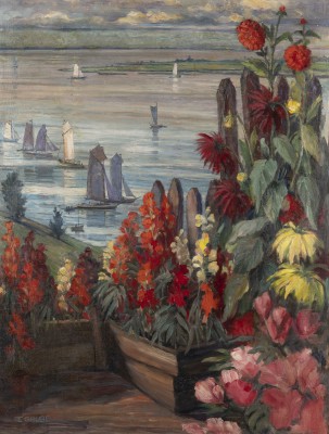 Picture 'Wannsee', blühender Garten mit einem See im Hintergrund