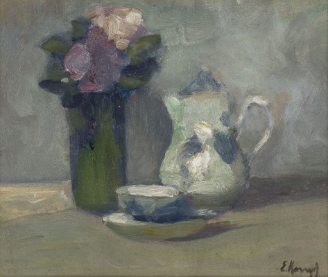 Auktion <br>Stilleben mit Kaffeekanne, Tasse und Blumen