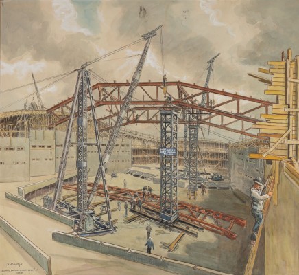 Auktion <br>5 Aquarelle mit Baustellen und Arbeitern (1930/1950). 10 Zeichnungen mit Szenen aus einer Schuhfabrik L Winlein (1930)