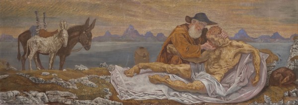 Bild Monumentales Gemälde mit Darstellung des Barmherzigen Samariters vor einer weiten Bergkulisse (1931)