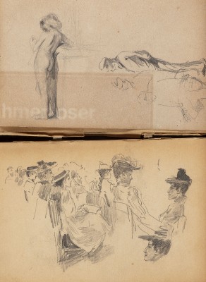 Auktion <br>Zahlreiche Konvolut: 30-Seitige Skizzenbuch, ung. 40 Bläter aus verschiedenen Skizzenbüchern, Aquarellen: Blumenhändler, 'Erzälungen', 'Firma Nr.'. 2 Landschaften mit Windmühle