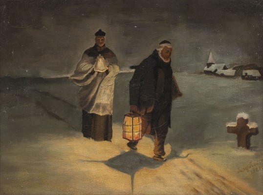 Auktion <br>Priester mit Begleiter in einer nächtlichen Winterlandschaft (1921)