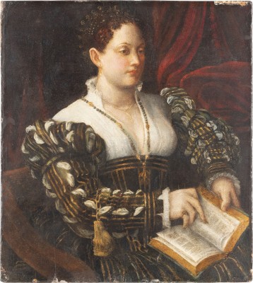 Auction <br>HALBFIGURENBILDNIS EINER ADLIGEN DAME IN EINEM ARMLEHNSTUHL SITZEND UND IN EIN STUNDENBUCH VERTIEFT