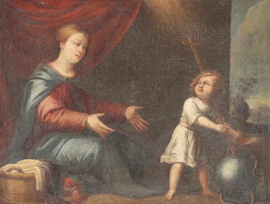 Auktion <br>MARIA EMPFÄNGT DAS CHRISTUSKIND, WELCHES EIN KREUZSTAB IN SEINEN HÄNDEN HÄLT, ZU FÜSSEN LIEGT DIE WELTKUGEL, DIE VON DER SCHLANGE UMRINGT WIRD