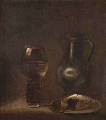 Auktion <br>STILLLEBEN MIT WEINGLAS, ZINNKANNE UND KUCHEN