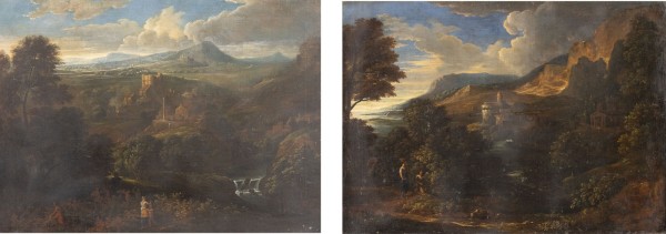 Auction <br>PAAR GEMÄLDE: ITALISIERENDE IDEALLANDSCHAFTEN MIT BURGRUINEN UND MYTHOLOGISCHEN SZENEN