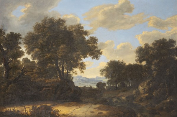 Auktion <br>BEWALDETE HÜGELIGE LANDSCHAFT MIT BURGRUINE