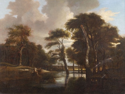 Auktion <br>BEWALDETE FLUSSLANDSCHAFT MIT JÄGERN AM WASSER