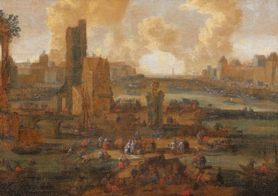 Auction <br>CAPRICCIO MIT BLICK AUF DEN PARISER HANDELSHAFEN MIT GESCHÄFTIGEM TREIBEN