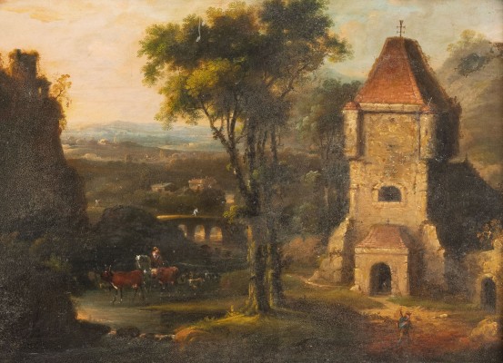Auction <br>SÜDLICHE LANDSCHAFT MIT KIRCHE AM FLUSS UND VIEHHIRTEN ZU PFERDE
