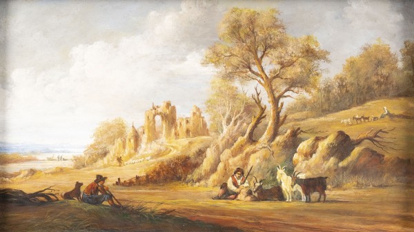 Auktion <br>LANDSCHAFT MIT BURGRUINE UND ZIEGENHIRTEN BEI DER RAST