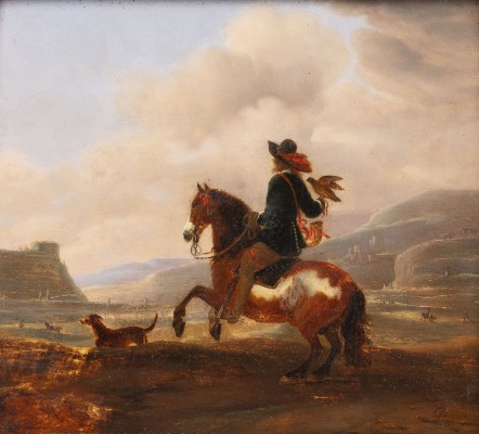 Auktion <br>FALKNER ZU PFERDE MIT SEINEM JAGDHUND