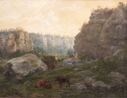 Auktion <br>LANDSCHAFT IM ELBSANDSTEINGEBIRGE (?) MIT BAUERNHÄUSERN UND WEIDENDEN KÜHEN