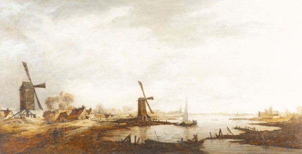 Auktion <br>HOLLÄNDISCHE FLUSSLANDSCHAFT MIT WINDMÜHLEN, SEGELBOOTEN UND SPAZIERGÄNGERN IM GESPRÄCH