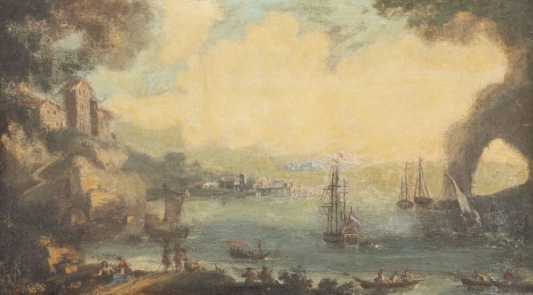Auktion <br>SÜDLICHE IDEALLANDSCHAFT MIT SCHIFFEN IM HAFEN, BOOTEN UND EINER FELSENGROTTE