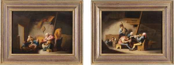 Auktion <br>ZWEI ALLEGORIEN DER SINNE: DIE GESANGSSTUNDE (HÖREN) / BEIM WINDELWECHSELN (GERUCH)