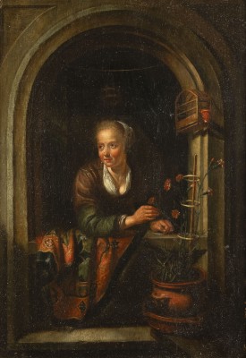 Auktion <br>MÄDCHEN AM FENSTER, EINE NELKE PFLÜCKEND