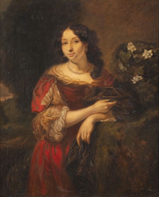 Auction <br>KNIESTÜCK EINER ADLIGEN DAME MIT BLUMEN, IM HINTERGRUND WEITER AUSBLICK IN LANDSCHAFT