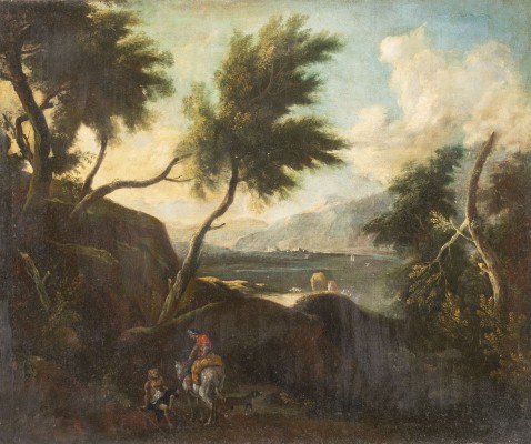 Auktion <br>SÜDLICHE GEBIRGSLANDSCHAFT MIT REITER UND BETTLER (SAINT MARTIN ?)