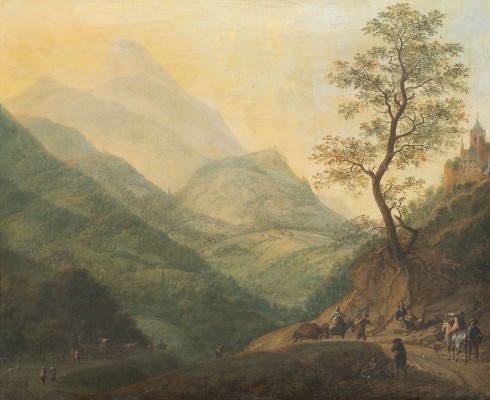 Auktion <br>GEBIRGSLANDSCHAFT MIT BAUERN UND REISENDEN