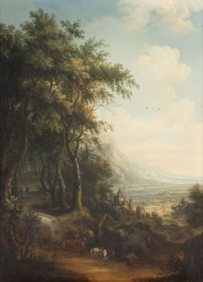 Auktion <br>LANDSCHAFT MIT PFERDEFUHRWERK. RECHTS BLICK AUF EINE BURGANLAGE UND DIE RHEINISCHE TIEFEBENE (?)