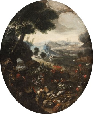 Auction <br>LANDSCHAFT MIT WASSERFALL, STILLLEBEN MIT FISCHEN, FRÜCHTEN, PILZEN UND FEDERVIEH. IM BILDZENTRUM EINE DEN LEBENSFADEN SPINNENDE NORNE