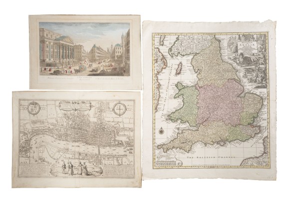 Auktion <br>KONVOLUT AUS ZEHN GRAFIKEN MIT LANDKARTEN UND ANSICHTEN VON ENGLAND, LONDON, HOLSTEIN U.A.