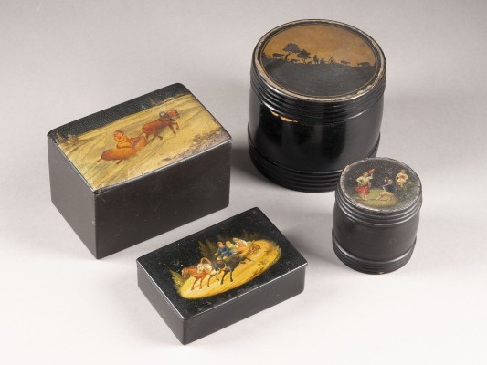 Auction <br>TWO PAPIER-MACHÉ AND LACQUER BOXES AND TWO TEA CADDIES