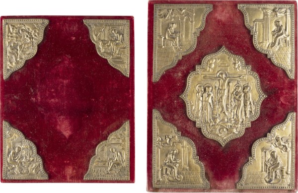 Auction <br>NINE BRASS PLACQUES OF GOSPELS SHOWING THE CRUCIFIXION AND THE EVANGELISTS