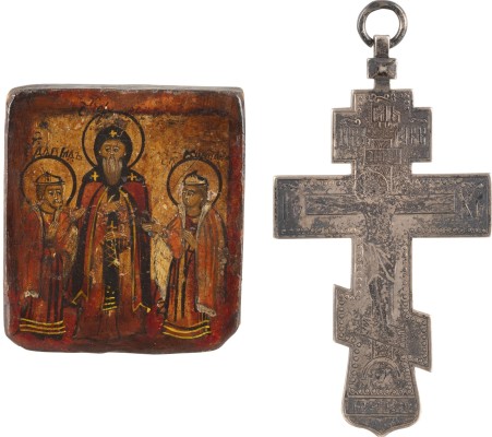 Bild PRIESTER-KREUZ UND MINIATUR-IKONE MIT DEN HEILIGEN FEODOR MIT SEINEN SÖHNEN DAVID UND KOSTANTIN
